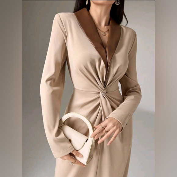 Women Contrast Color Twist Design Elegant Long Sleeve Dress - Picture 1 of 6